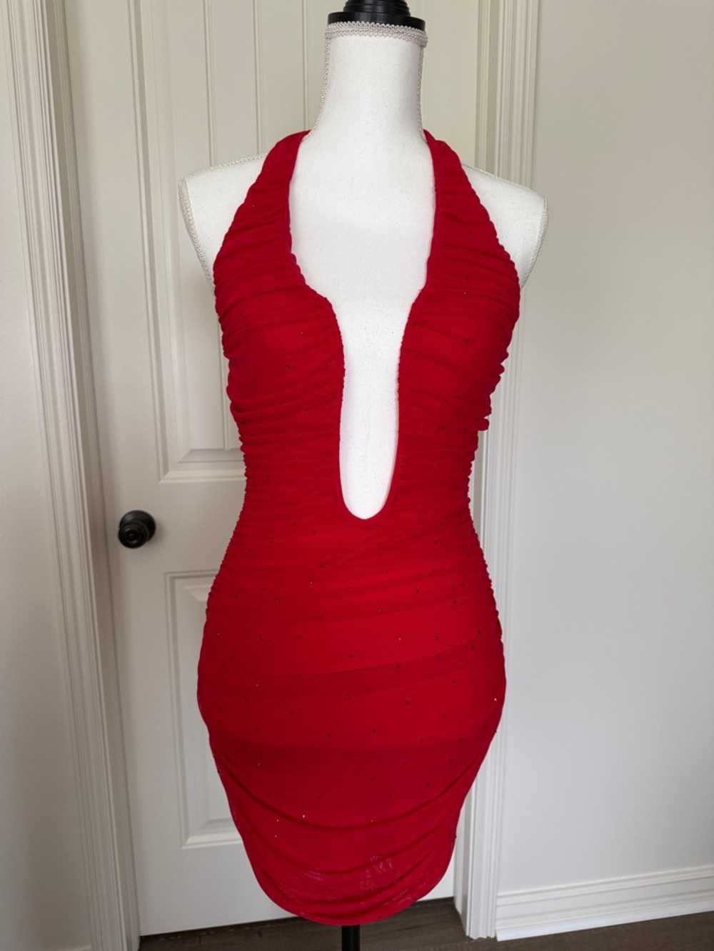 Dollhouse Red Ruched Halter Deep-Plunge Bodycon Mini Dress
